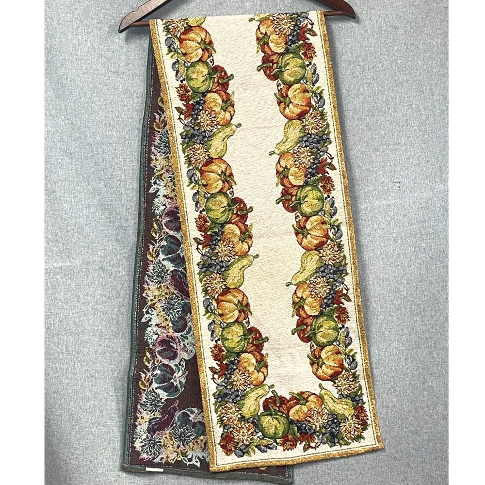Vintage Fall Harvest Tapestry Table Runner Pumpkins Gourds Thanksgiving 68"